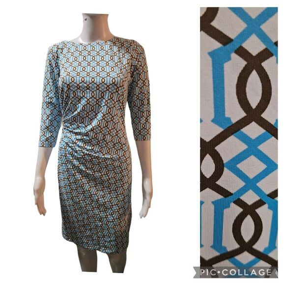 J. McLaughlin Geometric Print 3/4 Sleeve Ruched Side Dress - Picture 2 of 7